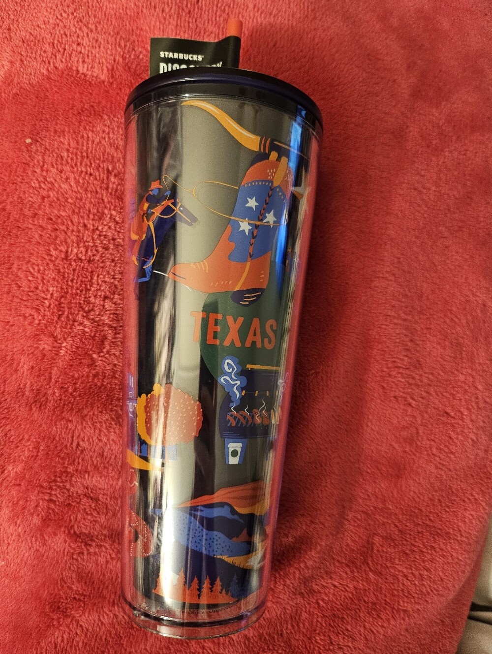 Starbucks Navy Tumbler with Orange and Blue Texas Design